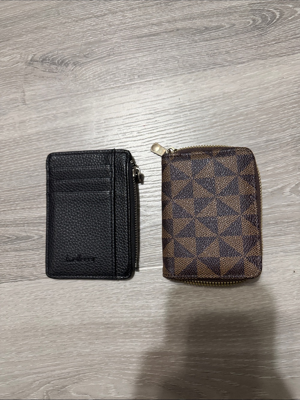 Men's Black Leather Card Holder and Brown Patterned Zip Wallet Set